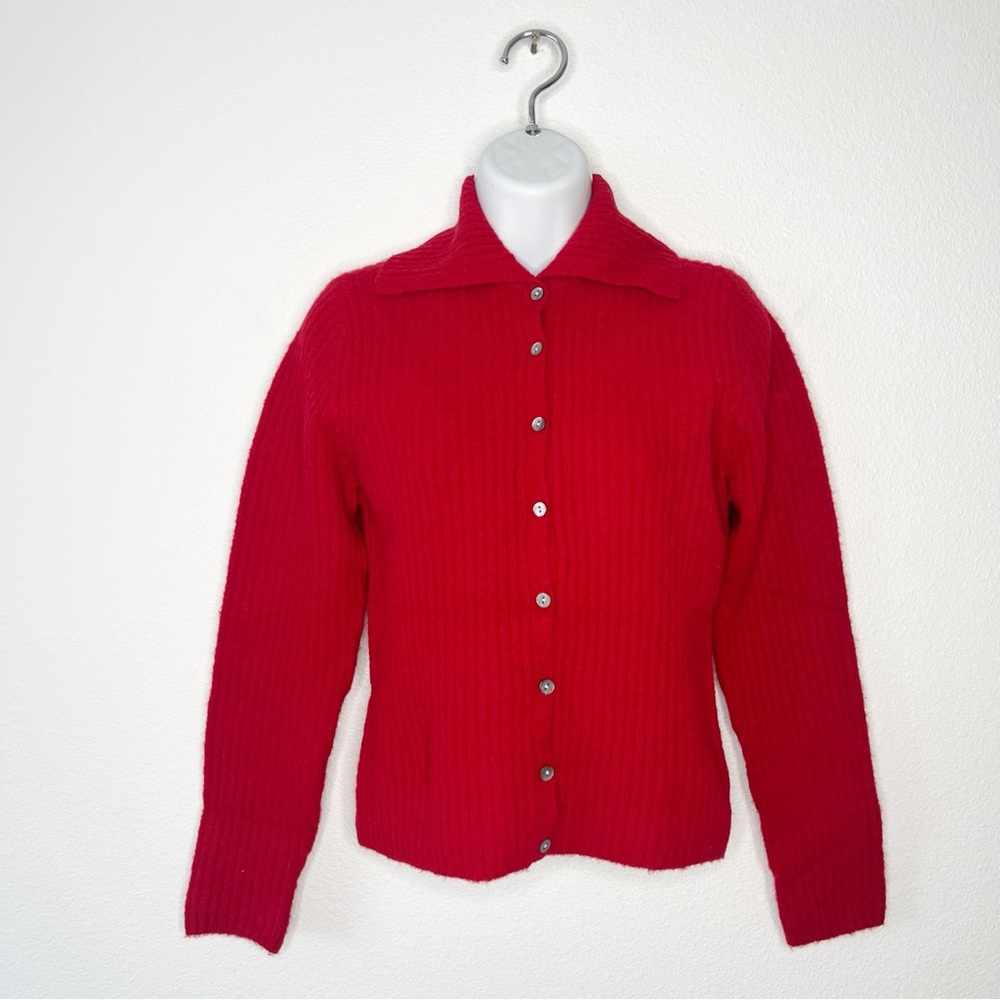 Charter Club Wool Long Sleeve Collar Sweater Red Cardigan Small Petite NWT